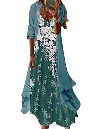 Minetom Damen Sommerkleider Chiffon Blumen Drucken Cocktailkleid Partykleid Brautjungfernkleider Für Hochzeit Maxi Abendkleider Ärmellos Damenkleider Tüll Cardigan A5 Grün XXL von Minetom