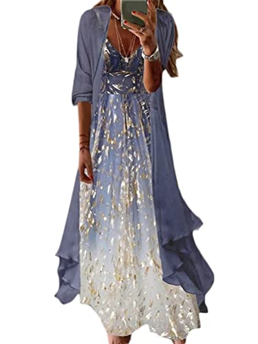 Minetom Damen Sommerkleider Chiffon Blumen Drucken Cocktailkleid Partykleid Brautjungfernkleider Für Hochzeit Maxi Abendkleider Ärmellos Vintage Damenkleider Tüll Cardigan A7 Grau S von Minetom