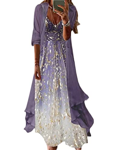 Minetom Damen Sommerkleider Chiffon Blumen Drucken Cocktailkleid Partykleid Brautjungfernkleider Für Hochzeit Maxi Abendkleider Ärmellos Vintage Damenkleider Tüll Cardigan A7 Violett S von Minetom