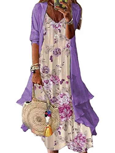 Minetom Damen Sommerkleider Chiffon Blumen Drucken Cocktailkleid Partykleid Brautjungfernkleider Für Hochzeit Maxi Abendkleider Ärmellos Vintage Damenkleider Tüll Cardigan A9 Violett XL von Minetom