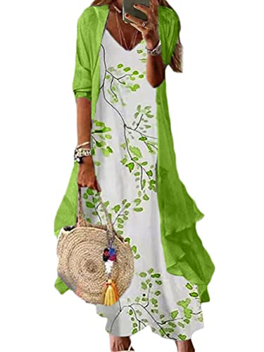 Minetom Damen Sommerkleider Chiffon Blumen Drucken Cocktailkleid Partykleid Brautjungfernkleider Für Hochzeit Maxi Abendkleider Ärmellos Vintage Damenkleider Tüll Cardigan D Grün XL von Minetom