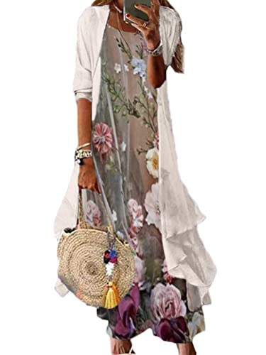 Minetom Damen Sommerkleider Chiffon Blumen Drucken Cocktailkleid Partykleid Brautjungfernkleider Für Hochzeit Maxi Abendkleider Ärmellos Vintage Damenkleider Tüll Cardigan E Khaki XXL von Minetom