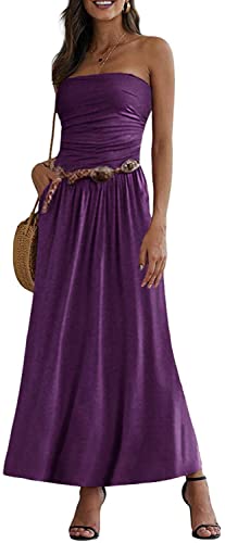 Minetom Damen Sommerkleider Trägerlos Boho Maxi Lang Kleid Ärmelloses CocktailKleid Strandkleid Lang mit Tasche (38, Violett) von Minetom