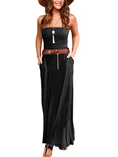 Minetom Damen Sommerkleider Trägerlos Boho Maxi Lang Kleid Ärmelloses CocktailKleid Strandkleid Lang mit Tasche Schwarz 40 von Minetom