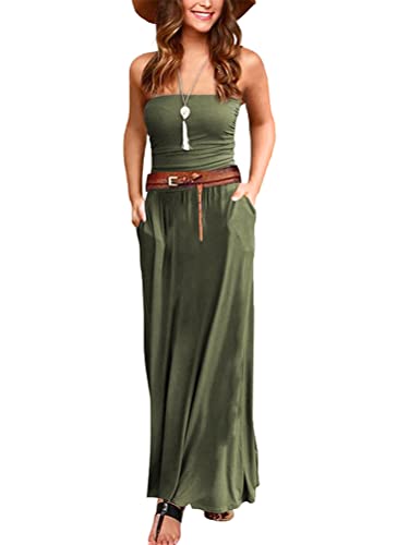 Minetom Damen Sommerkleider Trägerlos Boho Maxi Lang Kleid Ärmelloses CocktailKleid Strandkleid Lang mit Tasche von Minetom