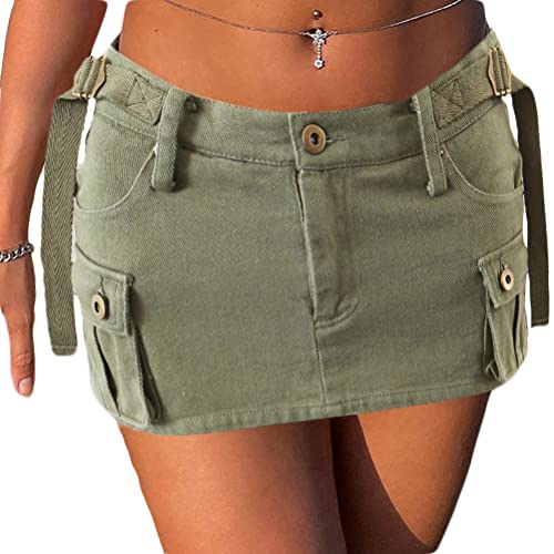 Minetom Damen Sommerrock Retro Cargo Rock Jeansrock Enger Minirock Mit Tasche Hüftrock A-Linie Rock Y2K Niedriger Taille Mini Rock C Grün L von Minetom