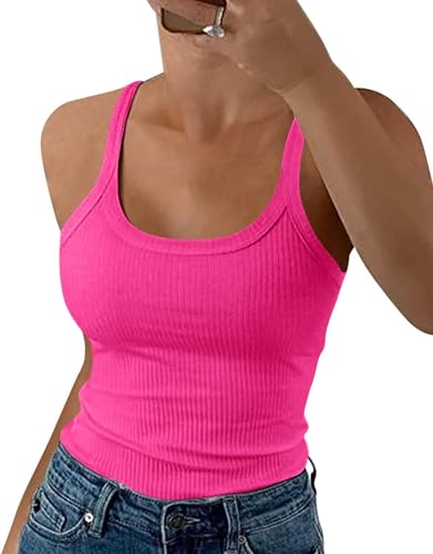 Minetom Damen Spaghetti Top Gerippt Sommer Sexy Tank Top Cami Oberteile Ärmellos Slim Fit Ribbed Träger Tops Einfarbig A Rosa M von Minetom