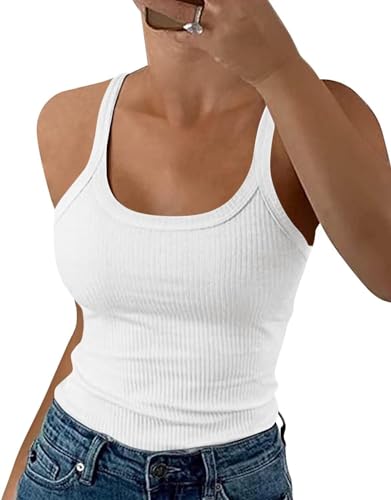 Minetom Damen Spaghetti Top Gerippt Sommer Sexy Tank Top Cami Oberteile Ärmellos Slim Fit Ribbed Träger Tops Einfarbig A Weiß M von Minetom