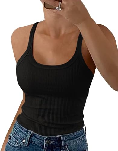 Minetom Damen Spaghetti Top Gerippt Sommer Sexy Tank Top Cami Oberteile mit U-Ausschnitt Basic Shirt Ribbed Träger Tops Einfarbig A Schwarz L von Minetom