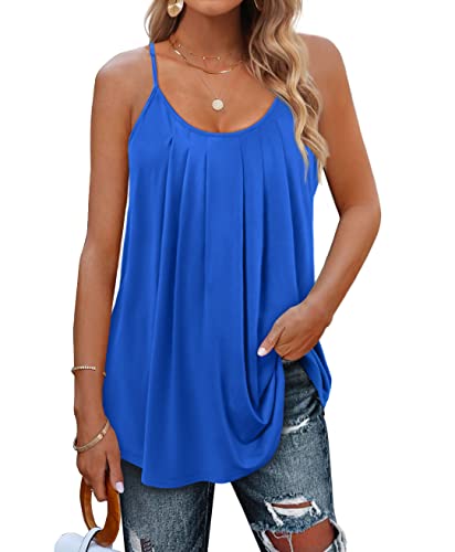 Minetom Damen Spaghetti Top Sommer Locker Tunika Ärmellose Oberteile Spaghettiträger Tank Tops Plissierte Vorderseite Ohne Ärmel Elegant Lose T-Shirt Bluse mit Plissee B Blau 3XL von Minetom