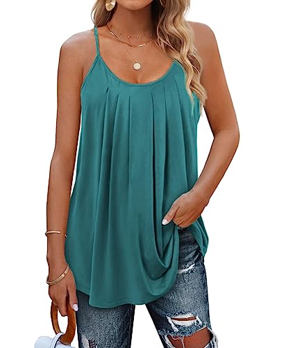 Minetom Damen Spaghetti Top Sommer Locker Tunika Ärmellose Oberteile Spaghettiträger Tank Tops Plissierte Vorderseite Ohne Ärmel Elegant Lose T-Shirt Bluse mit Plissee B Blaugrün 3XL von Minetom