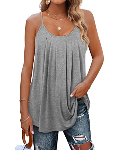 Minetom Damen Spaghetti Top Sommer Locker Tunika Ärmellose Oberteile Spaghettiträger Tank Tops Plissierte Vorderseite Ohne Ärmel Elegant Lose T-Shirt Bluse mit Plissee B Grau L von Minetom