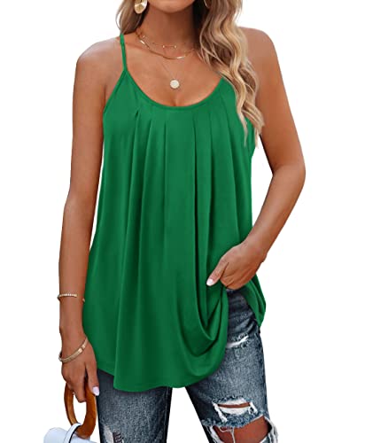 Minetom Damen Spaghetti Top Sommer Locker Tunika Ärmellose Oberteile Spaghettiträger Tank Tops Plissierte Vorderseite Ohne Ärmel Elegant Lose T-Shirt Bluse mit Plissee B Grün 3XL von Minetom