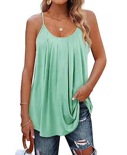 Minetom Damen Spaghetti Top Sommer Locker Tunika Ärmellose Oberteile Spaghettiträger Tank Tops Plissierte Vorderseite Ohne Ärmel Elegant Lose T-Shirt Bluse mit Plissee B Hellgrün 3XL von Minetom