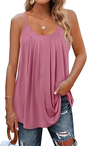 Minetom Damen Spaghetti Top Sommer Locker Tunika Ärmellose Oberteile Spaghettiträger Tank Tops Plissierte Vorderseite Ohne Ärmel Elegant Lose T-Shirt Bluse mit Plissee B Rose XL von Minetom