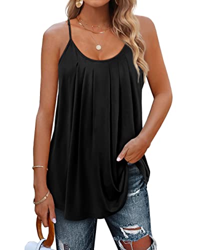 Minetom Damen Spaghetti Top Sommer Locker Tunika Ärmellose Oberteile Spaghettiträger Tank Tops Plissierte Vorderseite Ohne Ärmel Elegant Lose T-Shirt Bluse mit Plissee B Schwarz L von Minetom