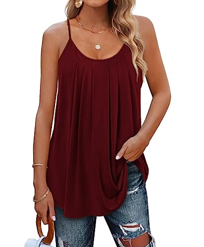 Minetom Damen Spaghetti Top Sommer Locker Tunika Ärmellose Oberteile Spaghettiträger Tank Tops Plissierte Vorderseite Ohne Ärmel Elegant Lose T-Shirt Bluse mit Plissee B Weinrot 3XL von Minetom