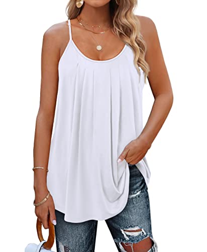 Minetom Damen Spaghetti Top Sommer Locker Tunika Ärmellose Oberteile Spaghettiträger Tank Tops Plissierte Vorderseite Ohne Ärmel Elegant Lose T-Shirt Bluse mit Plissee B Weiß M von Minetom