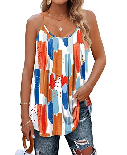 Minetom Damen Spaghetti Top Sommer Locker Tunika Ärmellose Oberteile Spaghettiträger Tank Tops Plissierte Vorderseite Ohne Ärmel Elegant Lose T-Shirt Bluse mit Plissee C Druck 03 L von Minetom