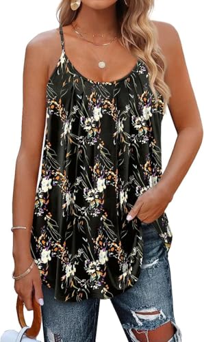 Minetom Damen Spaghetti Top Sommer Locker Tunika Ärmellose Oberteile Spaghettiträger Tank Tops Plissierte Vorderseite Ohne Ärmel Elegant Lose T-Shirt Bluse mit Plissee C Druck 05 XL von Minetom