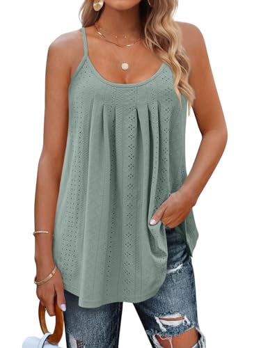 Minetom Damen Spaghetti Top Sommer Locker Tunika Ärmellose Oberteile Spaghettiträger Tank Tops Plissierte Vorderseite Ohne Ärmel Elegant Lose T-Shirt Bluse mit Plissee E Grün M von Minetom