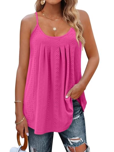 Minetom Damen Spaghetti Top Sommer Locker Tunika Ärmellose Oberteile Spaghettiträger Tank Tops Plissierte Vorderseite Ohne Ärmel Elegant Lose T-Shirt Bluse mit Plissee E Rosarot XL von Minetom