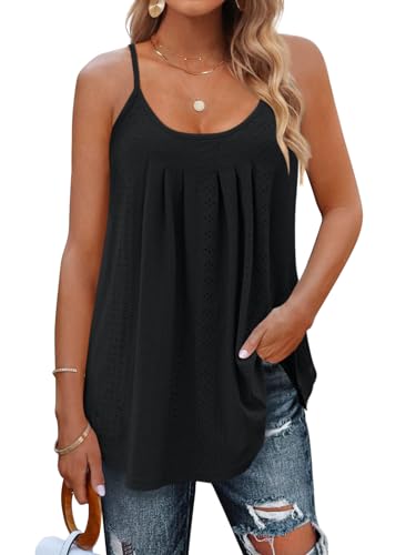 Minetom Damen Spaghetti Top Sommer Locker Tunika Ärmellose Oberteile Spaghettiträger Tank Tops Plissierte Vorderseite Ohne Ärmel Elegant Lose T-Shirt Bluse mit Plissee E Schwarz M von Minetom