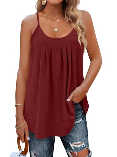 Minetom Damen Spaghetti Top Sommer Locker Tunika Ärmellose Oberteile Spaghettiträger Tank Tops Plissierte Vorderseite Ohne Ärmel Elegant Lose T-Shirt Bluse mit Plissee E Weinrot M von Minetom