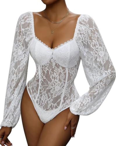 Minetom Damen Spitze Body V-Ausschnitt Langarm Bodysuit Overall Club Party Oberteil Bodys Spitzenbody Spitzentop Shirt Bluse Tops F Weiß XL von Minetom