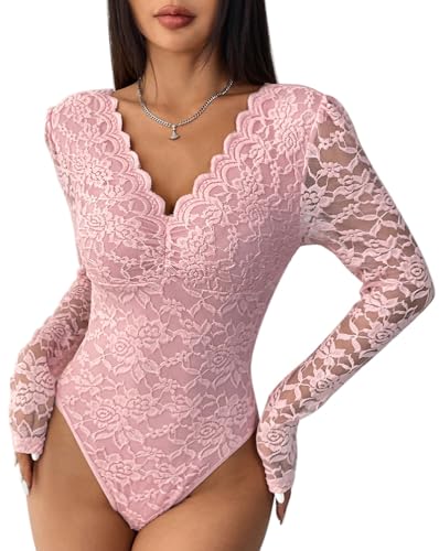 Minetom Damen Spitze Body V-Ausschnitt Langarm Bodysuit Overall Club Party Oberteil Bodys Spitzenbody Spitzentop Shirt Bluse Tops H Rosa M von Minetom
