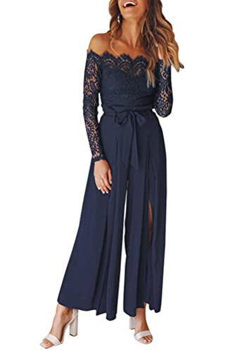 Minetom Damen Spitze Jumpsuit Elegant Schulterfrei Hohe Taille Cocktail Party Festlich Overalls Playsuit Hosenanzug Romper Mit Gürtel B Blau L von Minetom