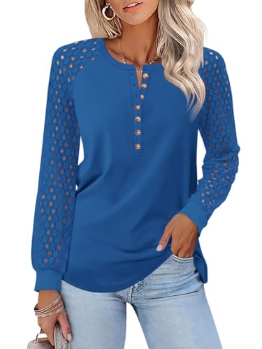 Minetom Damen Spitze Langarm Tops Henley Shirts Casual Blusen T Shirts Herbst Kleidung, Dunkelblau, X-Large von Minetom