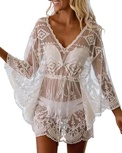 Minetom Damen Spitze Strandkleid V-Ausschnitt Badeanzug Sommer Strandkleid Transparent Strandponcho Cutout Bikini Cover-Ups C Weiß Einheitsgröße von Minetom