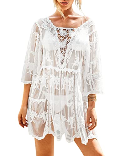 Minetom Damen Spitze Strandkleid V-Ausschnitt Badeanzug Sommer Strandkleid Transparent Strandponcho Cutout Bikini Cover-Ups L Weiß Einheitsgröße von Minetom