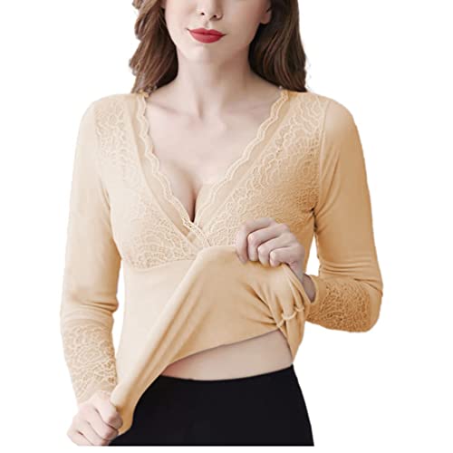 Minetom Damen Spitze Thermo Unterhemd Warm V-Ausschnitt Langarm Thermo Shirt Hemd Herbst Winter Thermounterwäsche Oberteil Funktionsunterwäsche A Beige S von Minetom