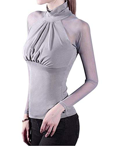 Minetom Damen Spitzen Shirt Sexy Transparent Netz Top Rundhals Party Oberteile Mesh Crop Top Grau 38 von Minetom