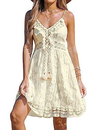 Minetom Damen Spitzen Sommerkleid Mit Spaghettiträgern Kurz Kleid V-Ausschnitt Ärmellos Sommer Boho Strandkleid A-Linie Kleid A1 Beige L von Minetom