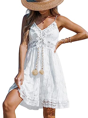 Minetom Damen Spitzen Sommerkleid Mit Spaghettiträgern Kurz Kleid V-Ausschnitt Ärmellos Sommer Boho Strandkleid A-Linie Kleid A1 Weiß L von Minetom