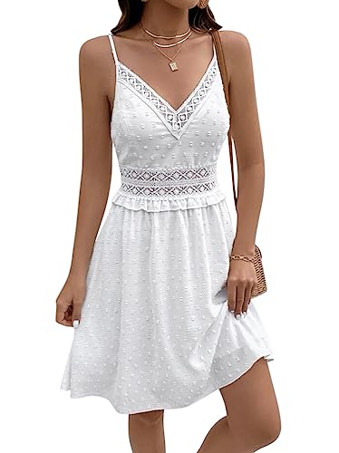 Minetom Damen Spitzen Sommerkleid Mit Spaghettiträgern Kurz Kleid V-Ausschnitt Ärmellos Sommer Boho Strandkleid A-Linie Kleid A3 Weiß L von Minetom