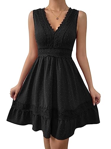 Minetom Damen Spitzen Sommerkleid Mit Spaghettiträgern Kurz Kleid V-Ausschnitt Ärmellos Sommer Boho Strandkleid A-Linie Kleid A4 Schwarz L von Minetom