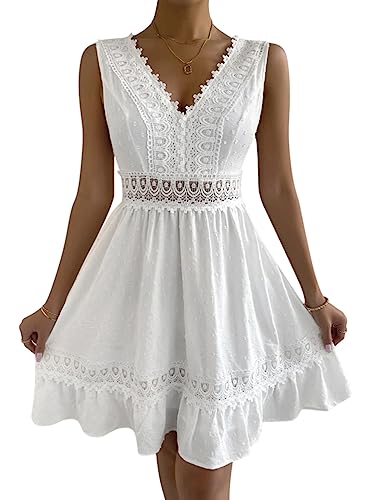 Minetom Damen Spitzen Sommerkleid Mit Spaghettiträgern Kurz Kleid V-Ausschnitt Ärmellos Sommer Boho Strandkleid A-Linie Kleid A4 Weiß XL von Minetom