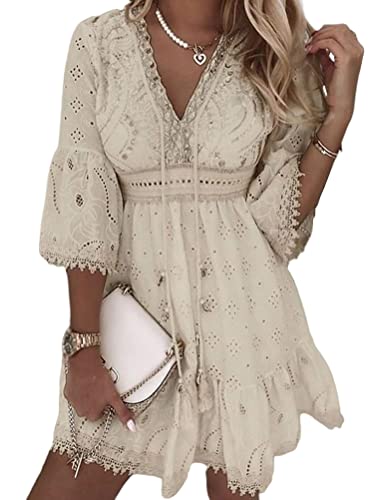 Minetom Damen Spitzen Sommerkleid Mit Spaghettiträgern Kurz Kleid V-Ausschnitt Ärmellos Sommer Boho Strandkleid A-Linie Kleid V Aprikose XL von Minetom