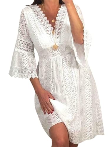 Minetom Damen Spitzen Sommerkleid Mit Spaghettiträgern Kurz Kleid V-Ausschnitt Ärmellos Sommer Boho Strandkleid A-Linie Kleid Z1 Weiß XXL von Minetom