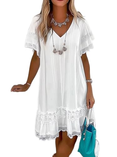 Minetom Damen Spitzen Sommerkleid Mit Spaghettiträgern Kurz Kleid V-Ausschnitt Ärmellos Sommer Boho Strandkleid A-Linie Kleid Z3 Weiß XXL von Minetom