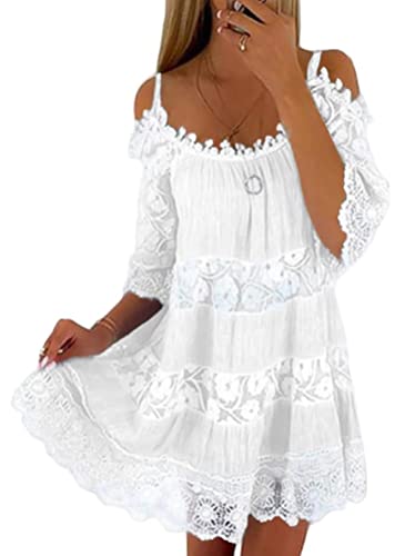 Minetom Damen Spitzen Sommerkleid Mit Spaghettiträgern Kurz Kleid V-Ausschnitt Boho Strandkleid A-Linie Kleid O Weiß XXL von Minetom