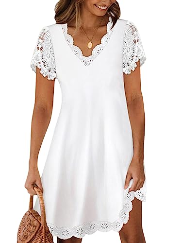 Minetom Damen Spitzen Sommerkleid V-Ausschnitt Sommer Tunika Kleider Elegante Party Minikleid Strandkleid A-Linie Kleid E Weiß M von Minetom