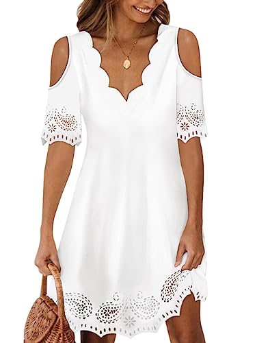 Minetom Damen Spitzen Sommerkleid V-Ausschnitt Sommer Tunika Kleider Elegante Party Minikleid Strandkleid A-Linie Kleid F Weiß L von Minetom