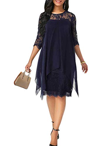 Minetom Damen Spitzenkleid 3/4 Ärmel Cocktailkleid Festliche Brautjungfernkleider Für Hochzeit Knielang Abendkleider Marine 48 von Minetom