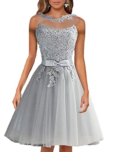 Minetom Damen Spitzenkleid Brautjungfer Elegant Party Cocktailkleid Chiffon Lang Kleid Sommer Maxi Spitzen Abend Rückenfrei Mini Kleid H Grau XS von Minetom