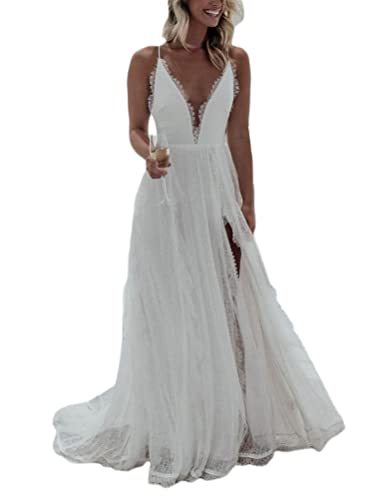Minetom Damen Spitzenkleid Brautjungfer Party Cocktailkleid Chiffon Lang Kleid Sommer Maxi Spitzen Abend Rückenfrei Mini Kleid L Weiß XL von Minetom